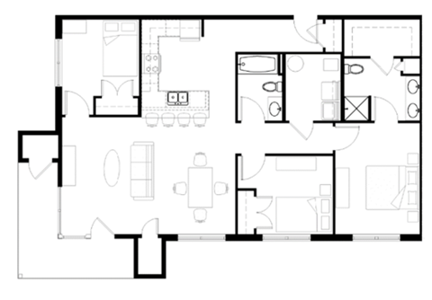 A black and white floor plan of a house with multiple rooms.